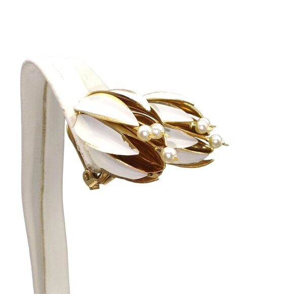 Vintage Snowdrop Snowbell Unique Enamel Earrings, January Flower, Snow Clip On - Picture 2 of 6